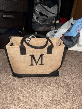 Monogram “M” Jute Tote Bag Set with Crossbody Strap & Matching Pouch